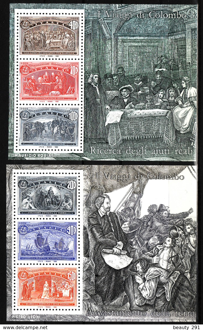 Italy 1992 Christopher Columbus, Ships, 500th Anniversary Of Discovery Of America Set Of 6 S/s MNH** LUX - Hojas Bloque