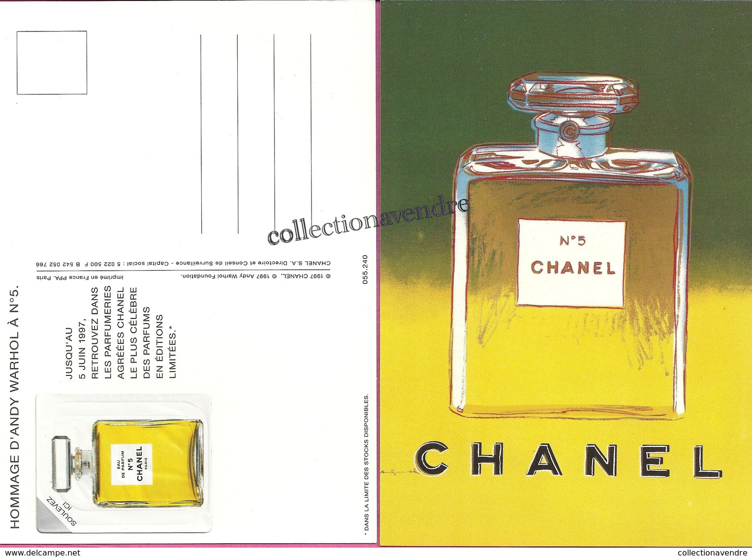 CHANEL : CHANEL N°5  CP : Hommage D'Andy Wharol à N° 5- 1997 Avec Patch Au Verso 10,3cmx14,8cm, Parfait état - Autres & Non Classés