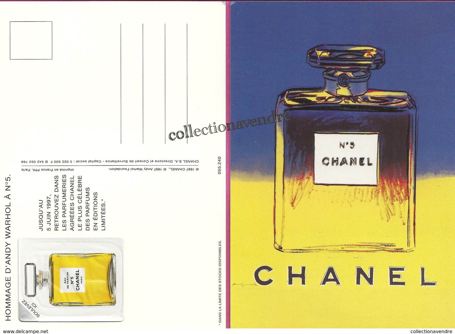 CHANEL : CHANEL N°5  CP : Hommage D'Andy Wharol à N° 5- 1997 Avec Patch Au Verso 10,3cmx14,8cm, Parfait état - Autres & Non Classés