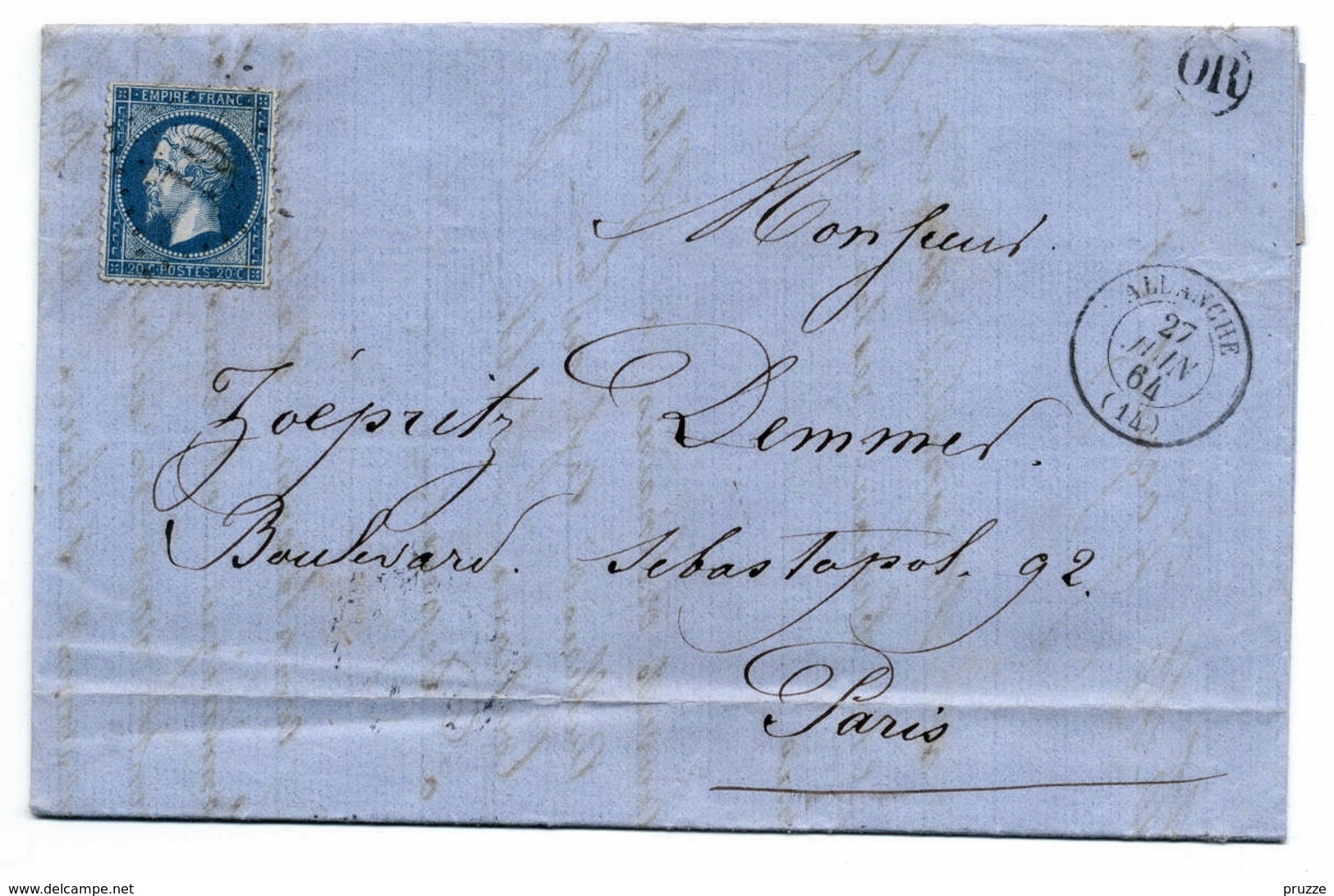 Allanche 1864 Nach Paris, Brief Mit Inhalt - 1863-1870 Napoléon III Lauré