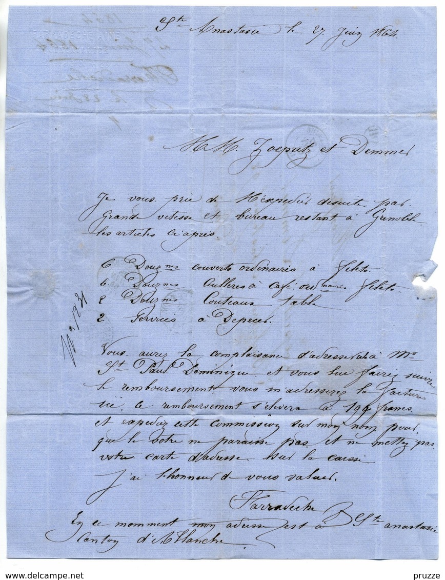 Allanche 1864 Nach Paris, Brief Mit Inhalt - 1863-1870 Napoléon III. Laure