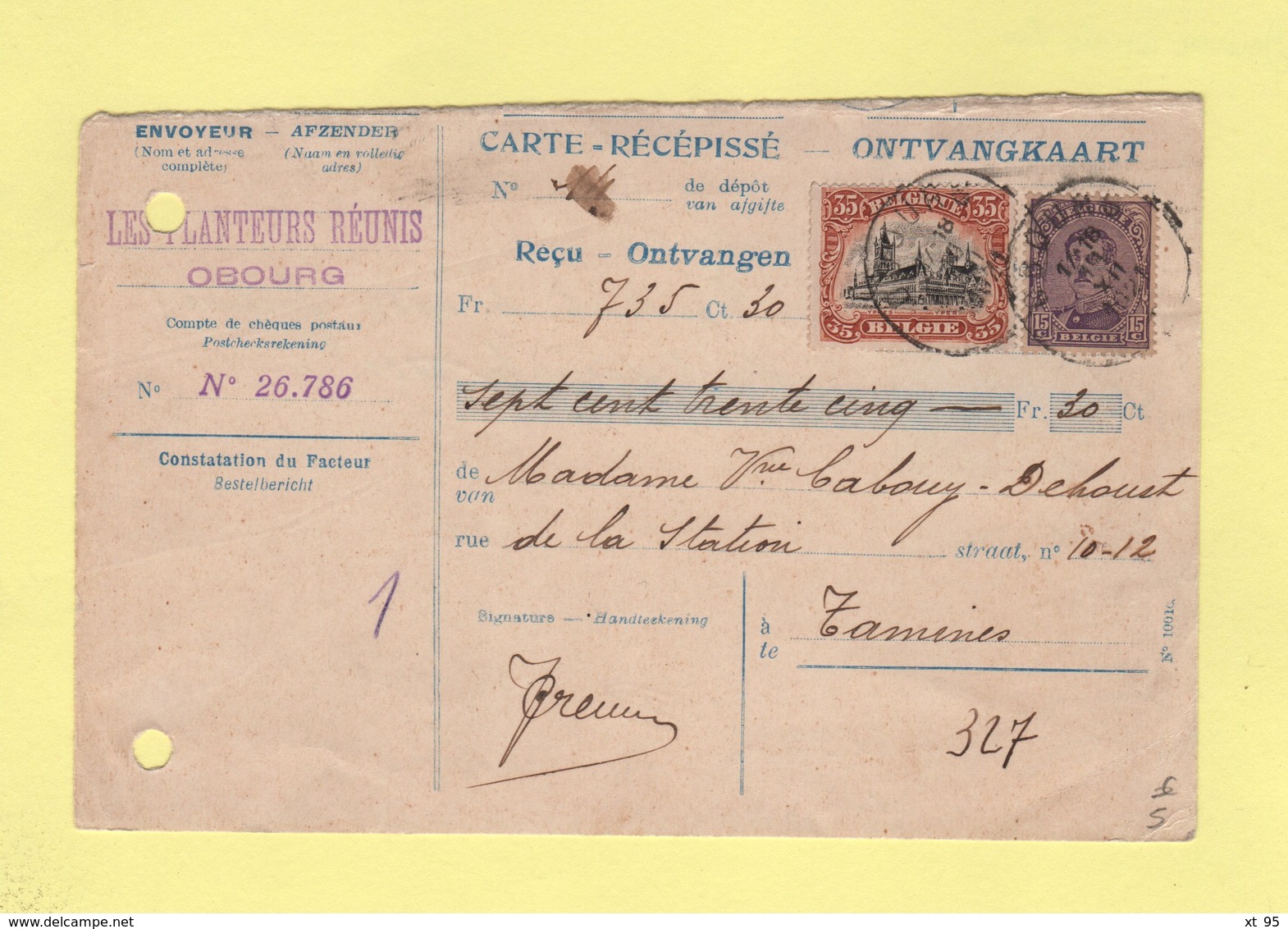 Belgique - Carte Recepisse - Recu Cheques Postaux - Timbre De Quittance Au Dos - 1921 - Obourg - Cartas & Documentos