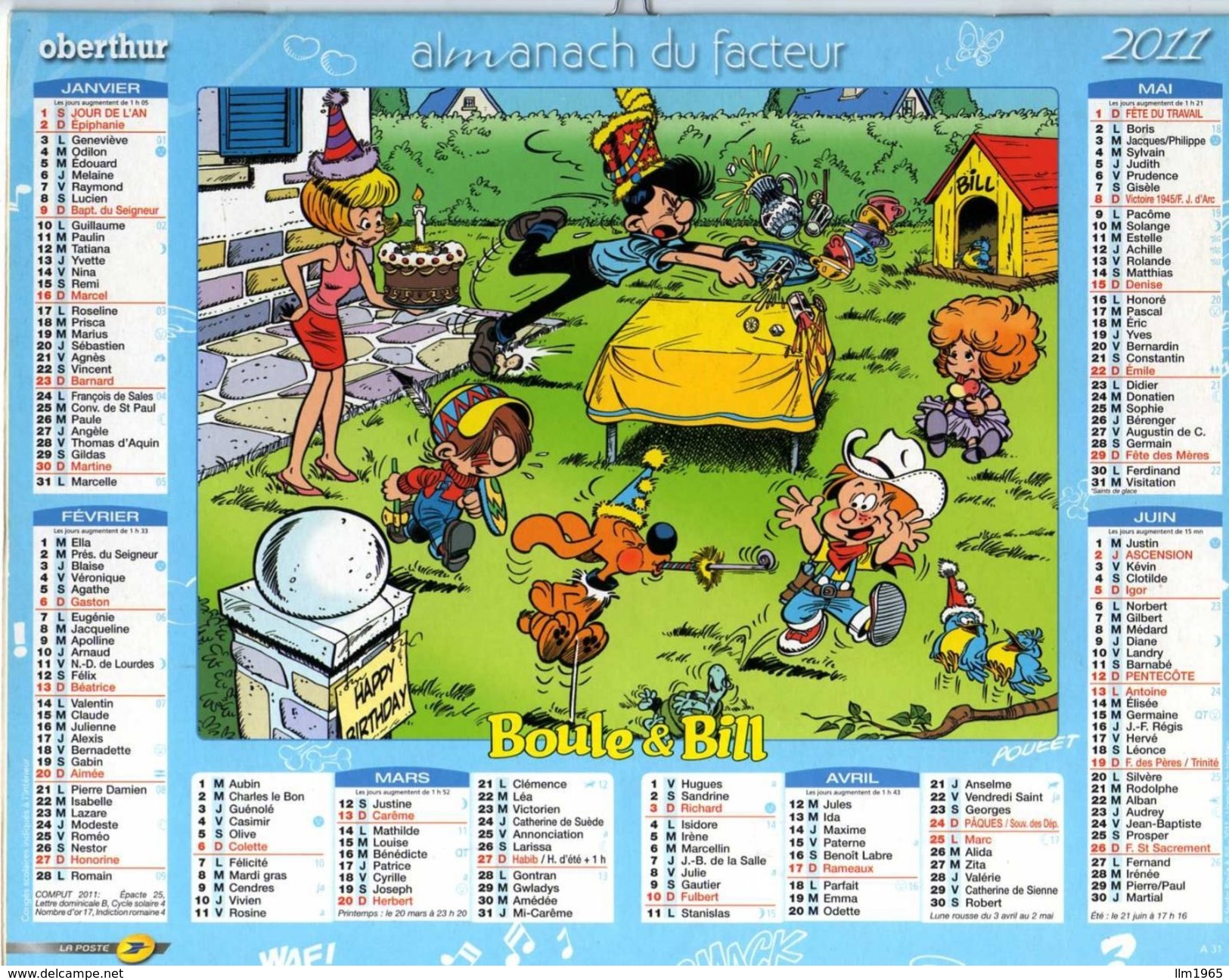 Calendrier Almanach La Poste PTT 2011 BOULE & BILL - Grand Format : 1991-00