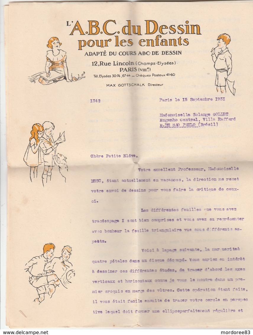 LONGUE LETTRE 4 PAGES D UN PROFESSEUR L ABC DU DESSIN PARIS 1931 A UN ELEVE  AU BRESIL - Diplômes & Bulletins Scolaires