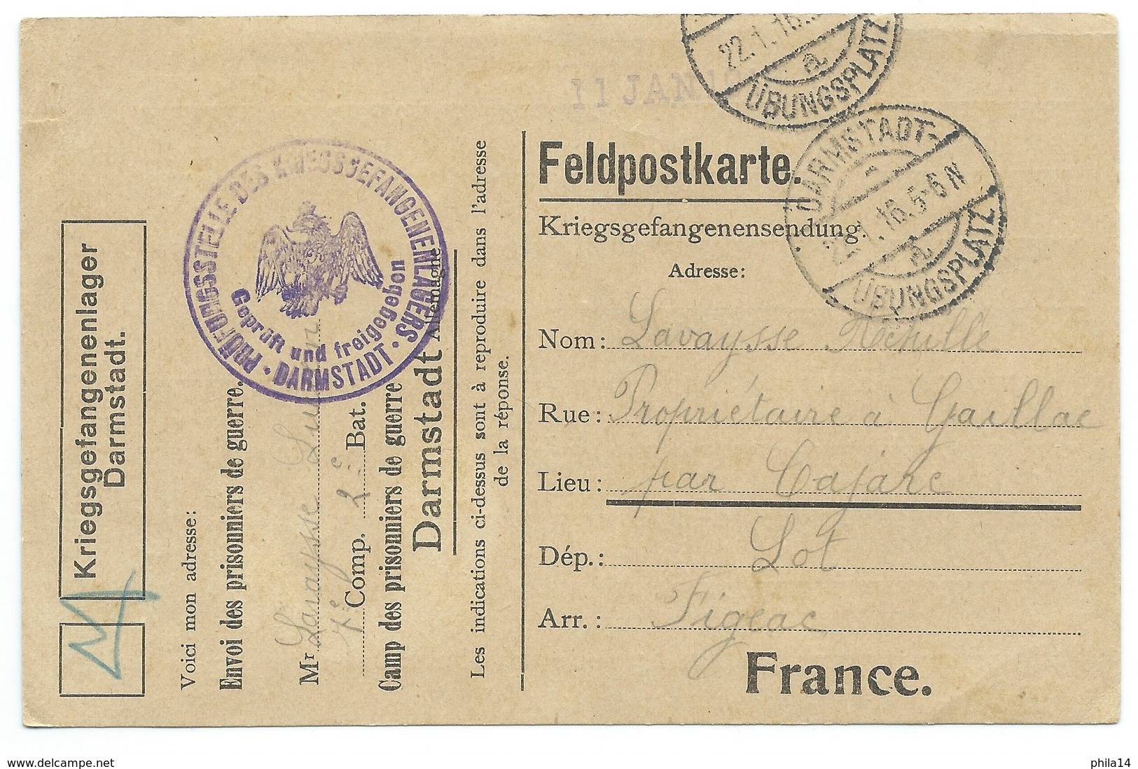 CARTE / KRIEGSGEFANGENENLAGER DARMSTADT / 1916 - Lettres & Documents