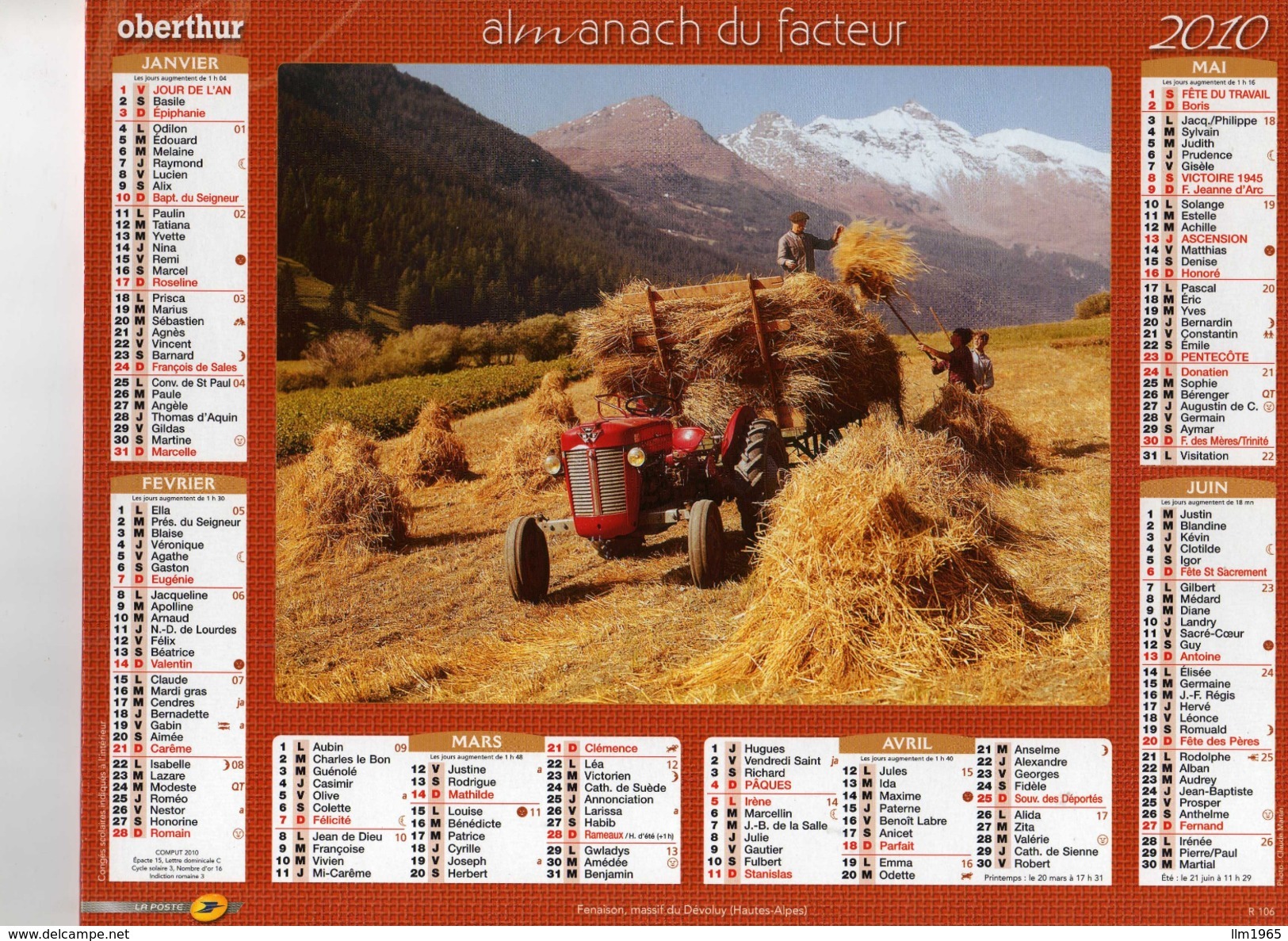 Calendrier Almanach La Poste PTT 2010. Attelage De Boeufs Fermiers Tracteurs - Grand Format : 2001-...