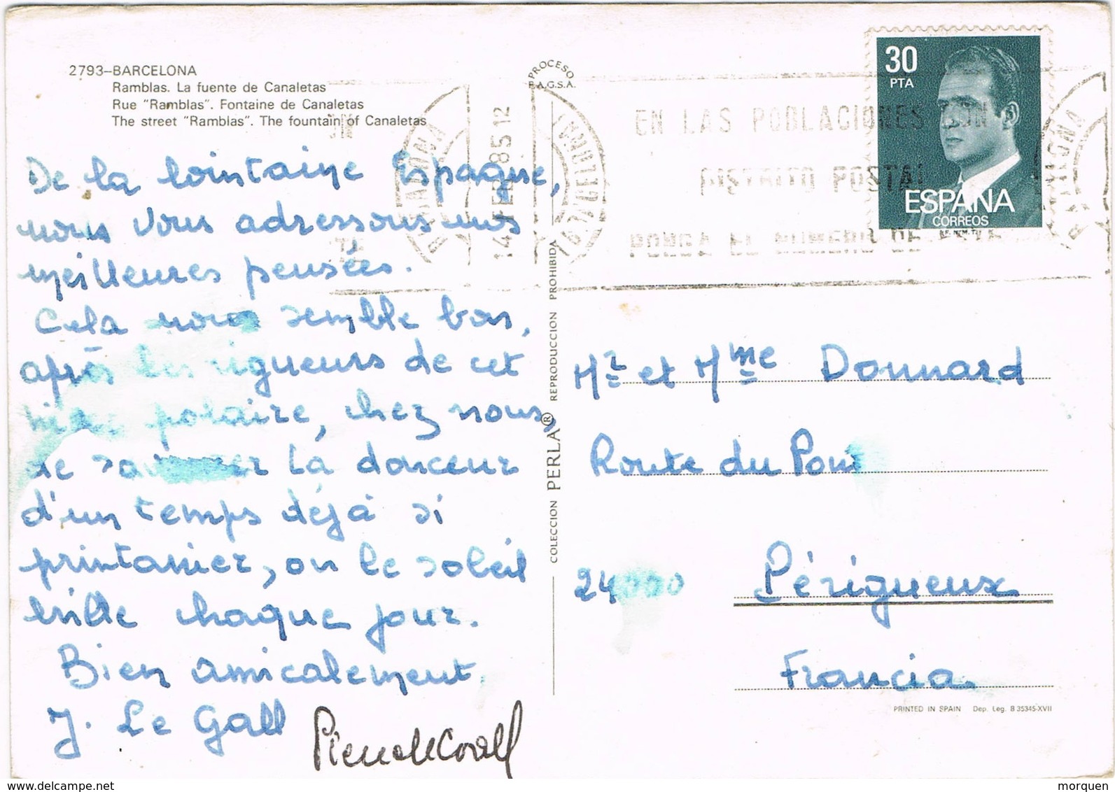 30623. Postal BADALONA (Barcelona) 1985. Fuente Canaletas De Las RAMBLAS - Cartas & Documentos