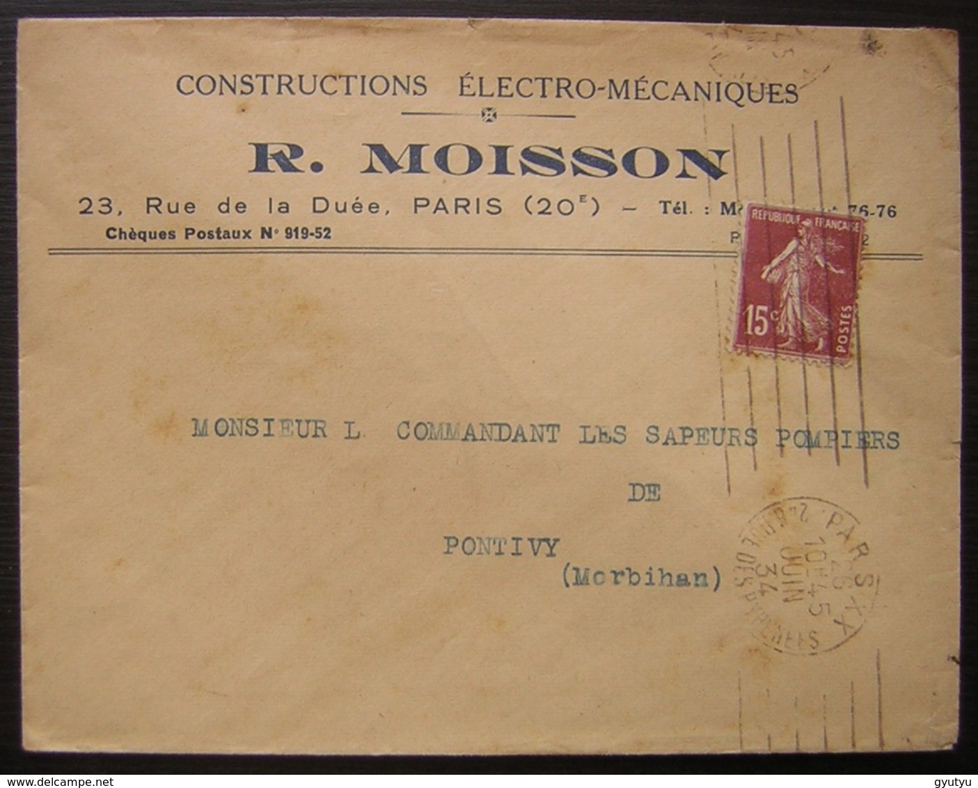 R. Moisson 1934 Constructions électro-mécaniques Paris 23 Rue De La Duée, Pour Le Commandant Des Pompiers à Pontivy - 1921-1960: Période Moderne