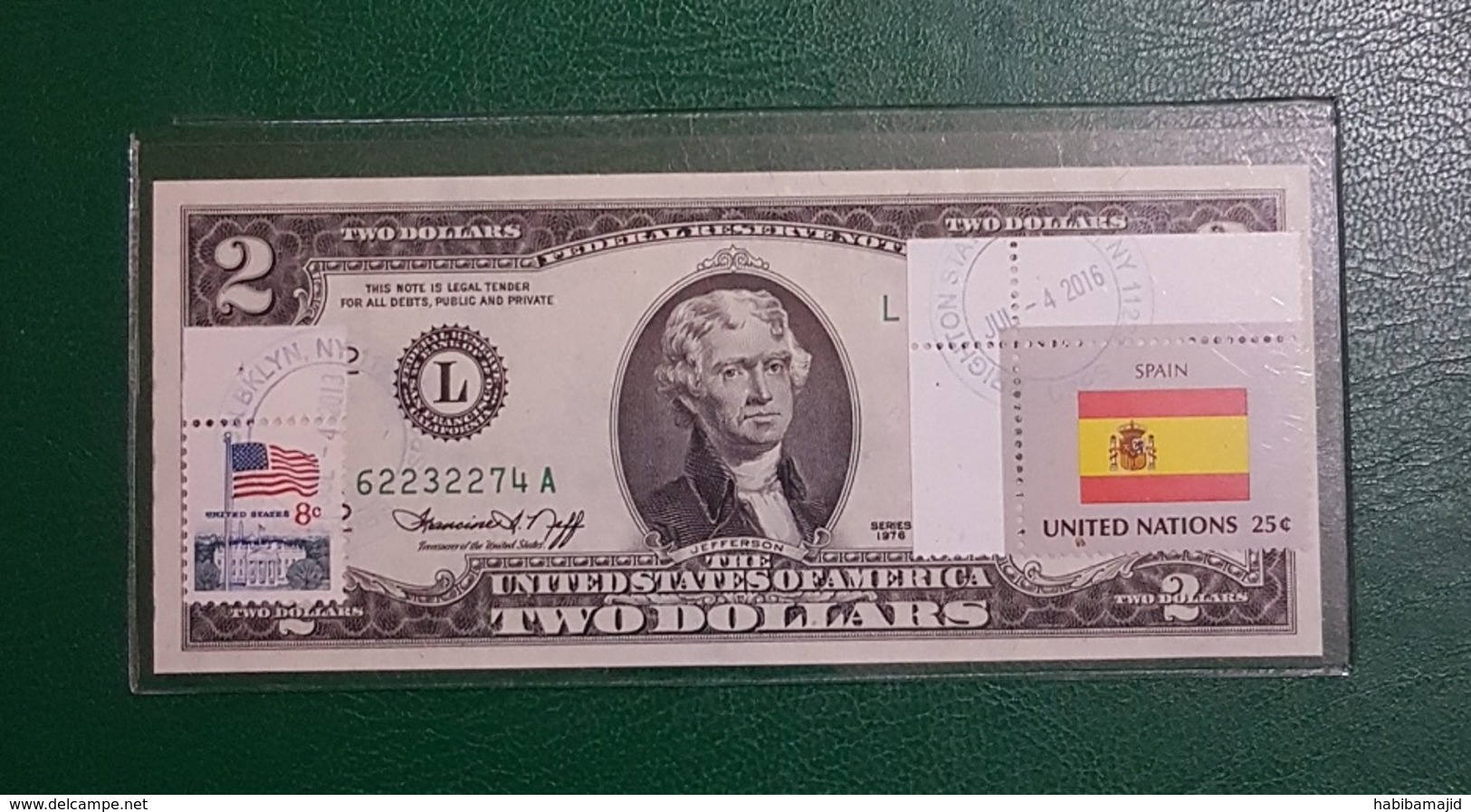 USA : Billet De 2 $ 1976 San Francisco Et Timbre Annuler Drapeau Espagne GEM NC - Collections