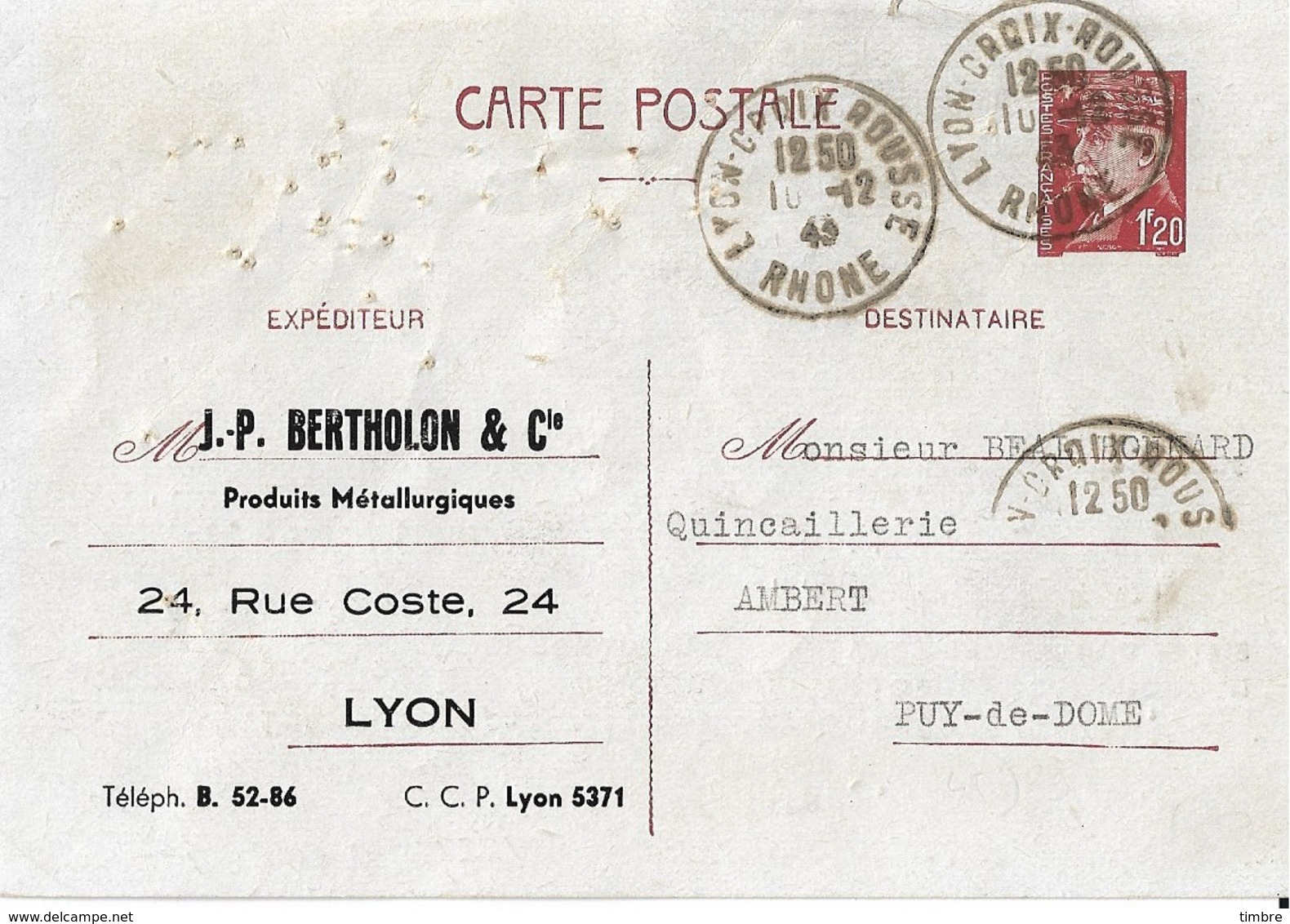 Entier Postal 1,20 Petain Repiqué Berthelon Lyon - 2. Weltkrieg 1939-1945