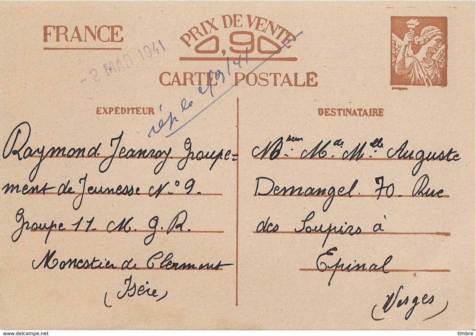 Entier Postal 80c Iris Chantier De Jeunesse 9 - Guerre De 1939-45