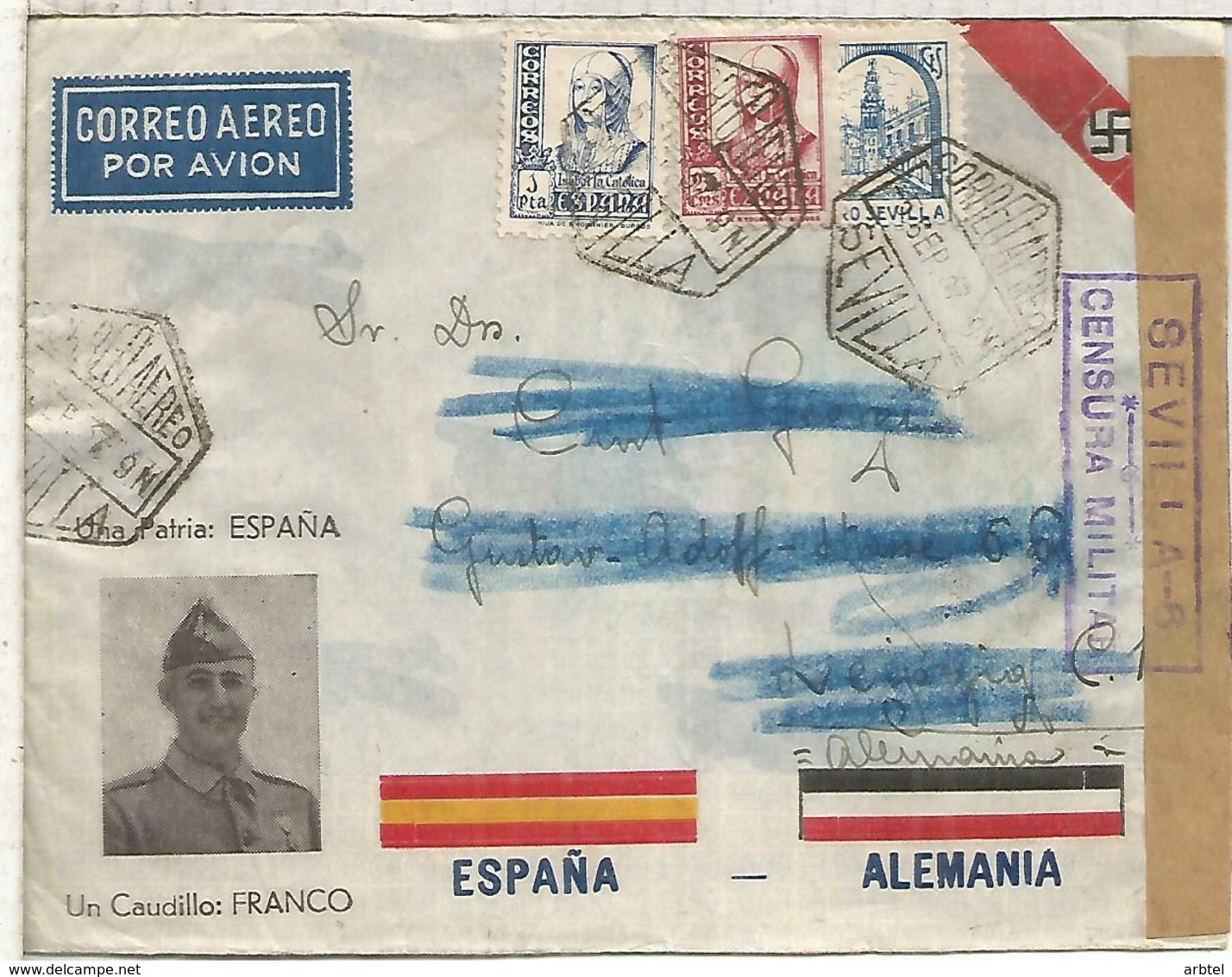 ESPAÑA SPAIN CIVIL WAR COVER FRANCO GERMANY REICH NAZI SEVILLA AIR POSTMARK CENSORED - 1931-....
