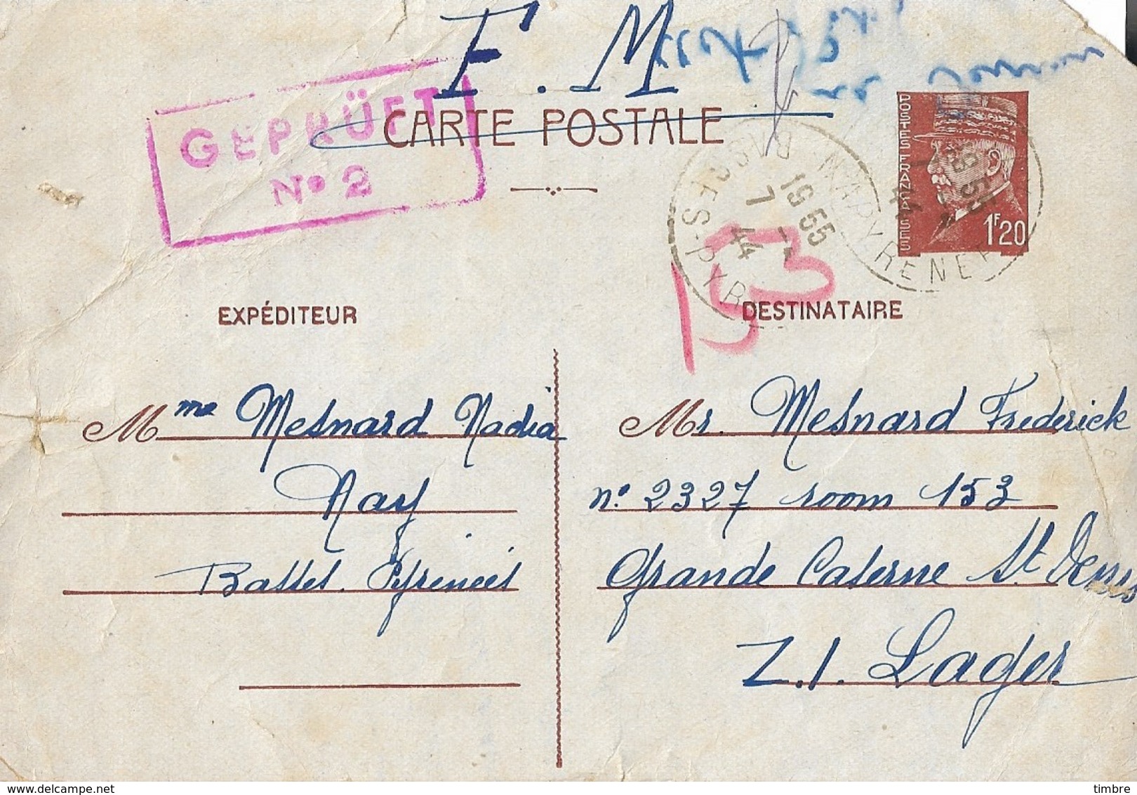 Entier Postal 1.20F Petain Camp Internement De St Denis - Guerre De 1939-45