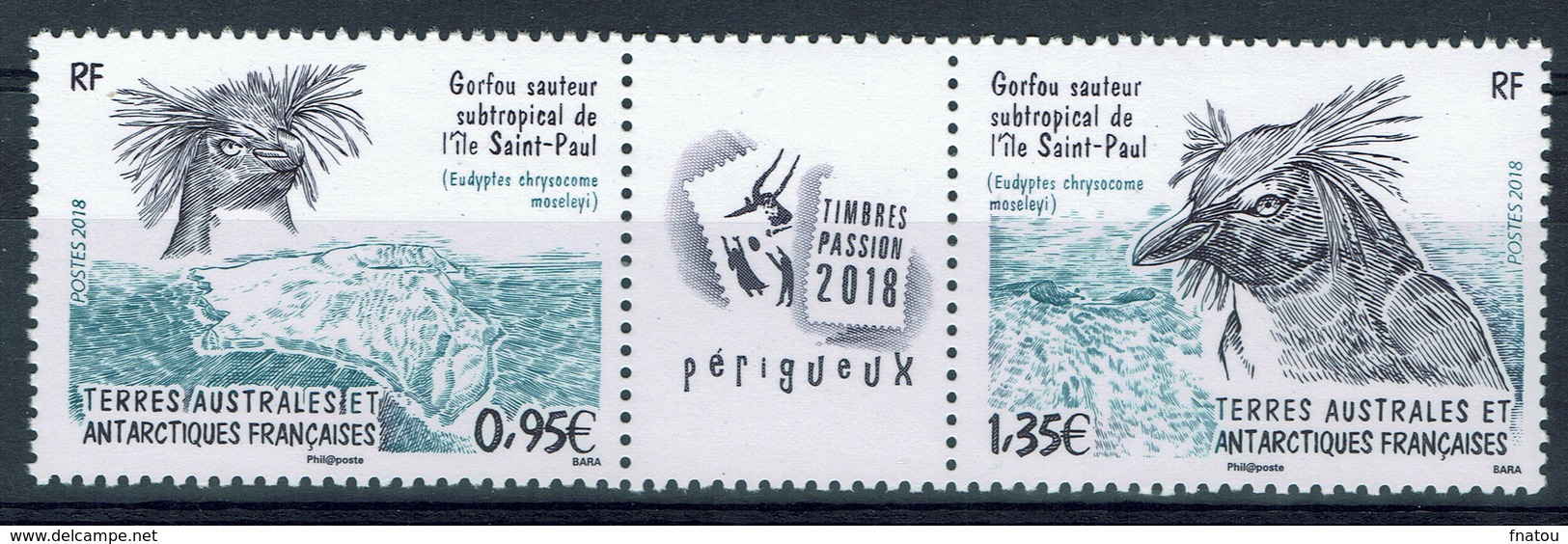 French Antarctic (FSAT), Southern Rockhopper Penguin, 2018, MNH VF  A Pair With Label - Unused Stamps