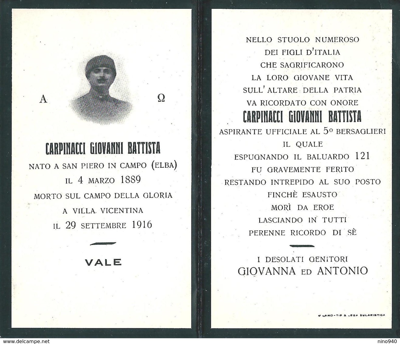 LUTTINO MILITARE: CARPINACCI GIOVANNI B. - Mm.70 X 115 - Aspirante Uffic. Del 5° Bersaglieri - M. A Villa Vicentina 1916 - Religion & Esotericism