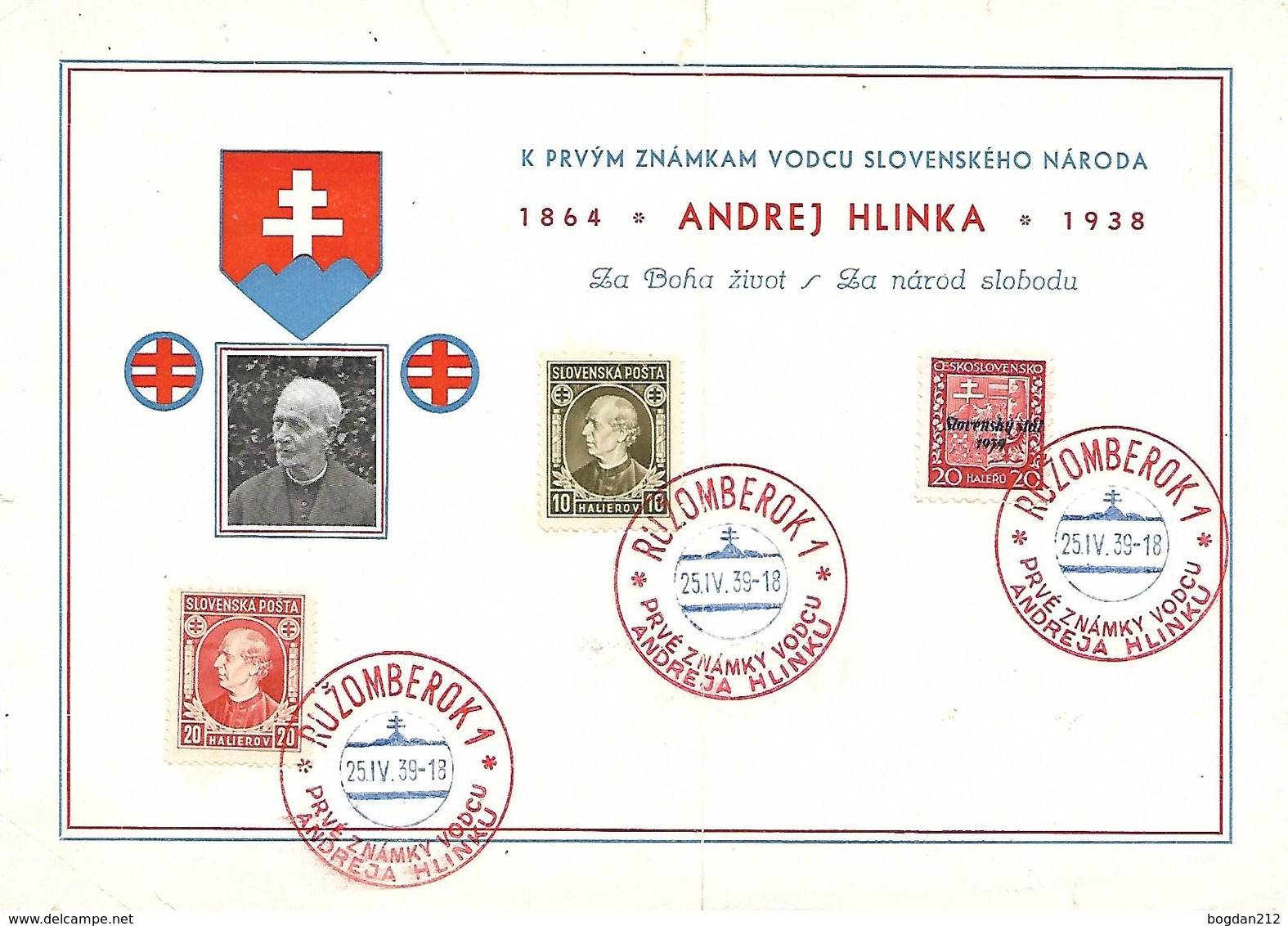 1939 - Ruzomberok, Andrej Hlinka, Karte 21X14.5cm.  Gute Zustand, 2 Scan - Briefe U. Dokumente