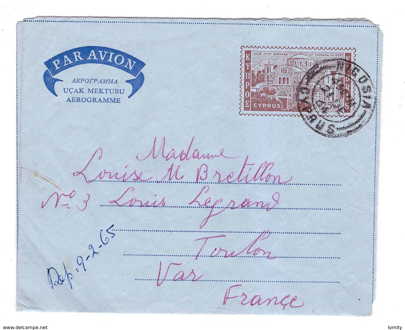 Chypre Cyprus 1964 Lettre Par Avion Entier Postal Aerogramme Cachet Nicosia Nicosie - Brieven En Documenten