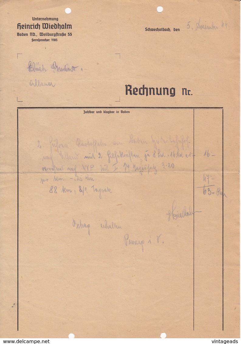 AD126 - Alte Rechung Transportunternehmung Heinrich Wiedhalm Baden, 1944 - Austria