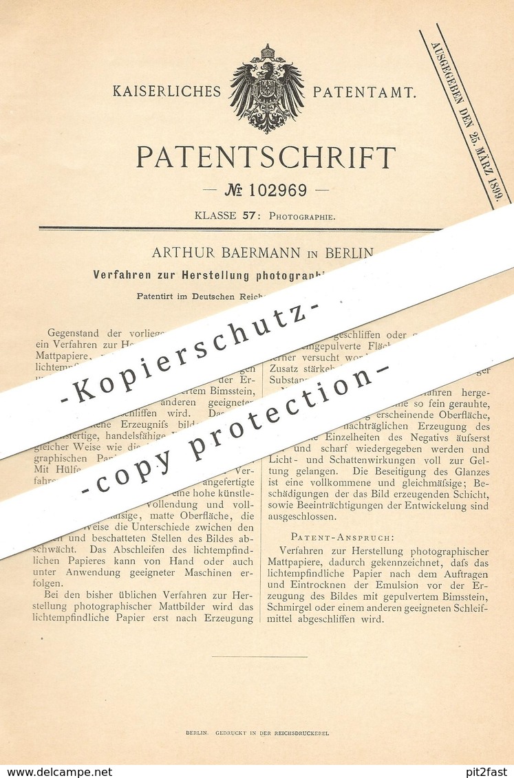 Original Patent - Arthur Baermann , Berlin , 1897 , Herstellung Photographischer Mattpapiere | Foto - Papier , Fotograf - Historical Documents