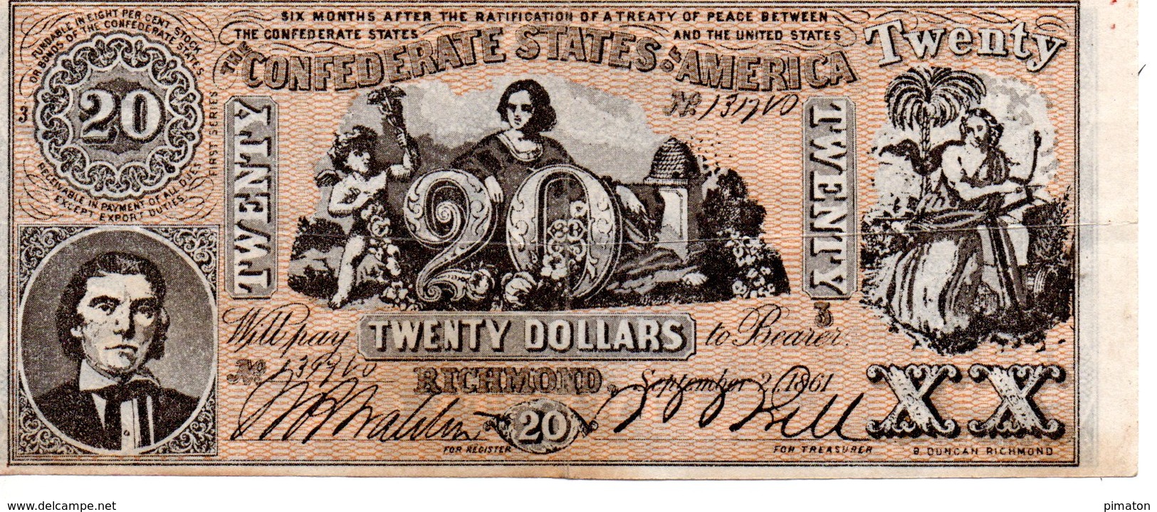 CONFEDERATE STATES OF AMERICA   TWENTY  DOLLARS  ( 2/9/1861 ) - Confederate (1861-1864)