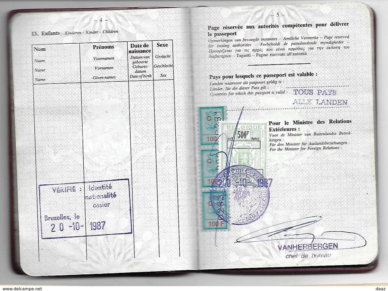 Passeport Passport Reispas  Communauté Européenne Belgique Belgium 1987 Visas Barbados Grenada Trinidad Thailand USA - Unclassified