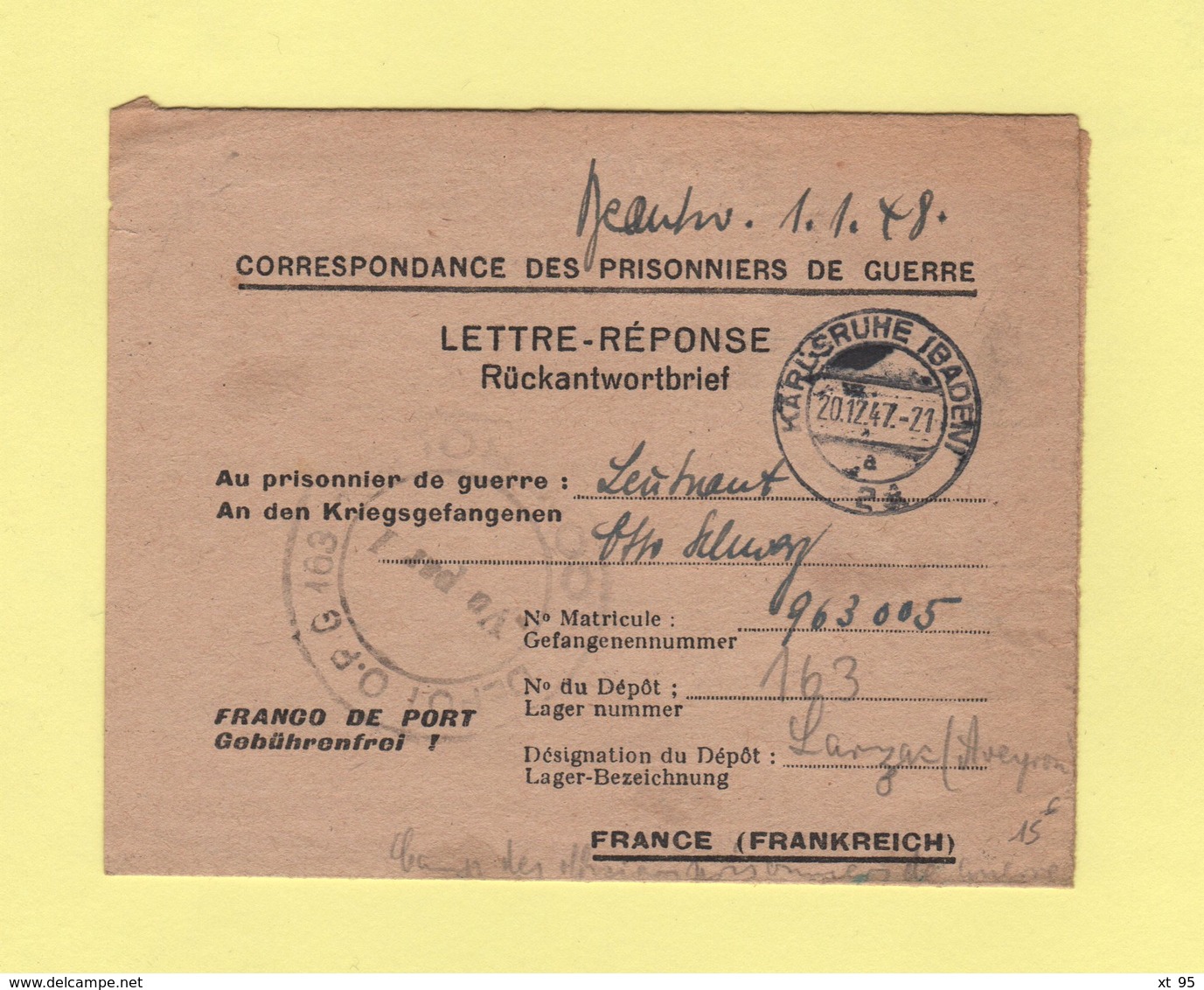 Correspondance Des Prisonniers De Guerre - Karlsruhe Pour Depot De Prisonniers De Larzac Aveyron - 20-12-1947 - 2. Weltkrieg 1939-1945