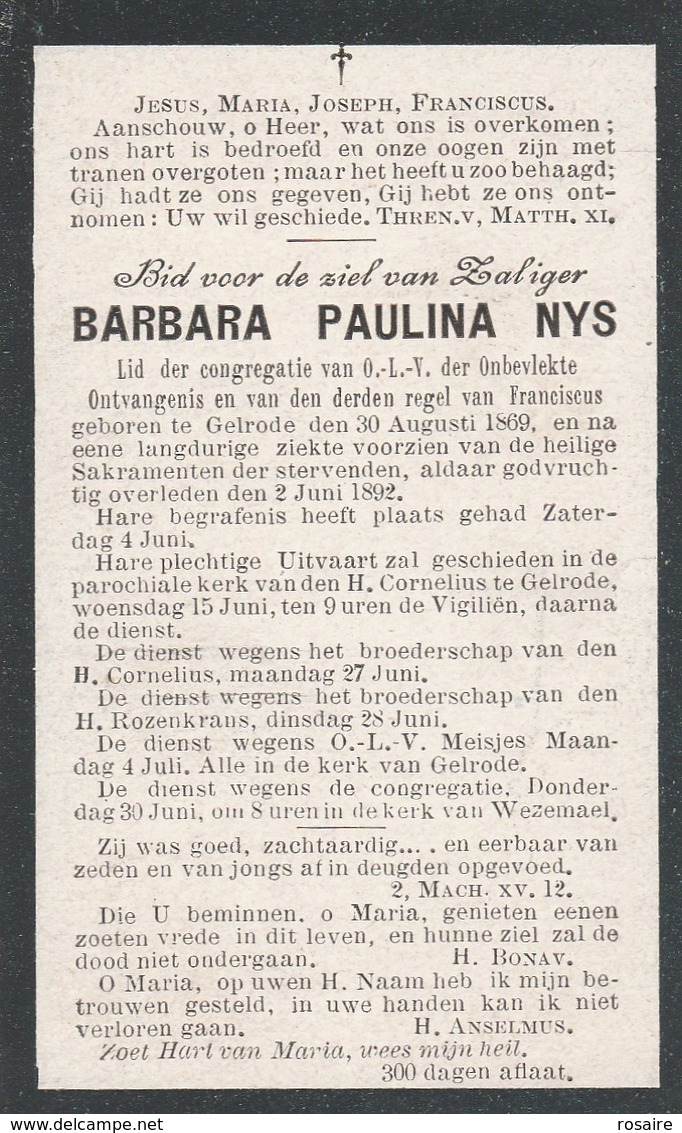 Dp Barbara Paulina Nys-gelrode 1869-1892 - Images Religieuses