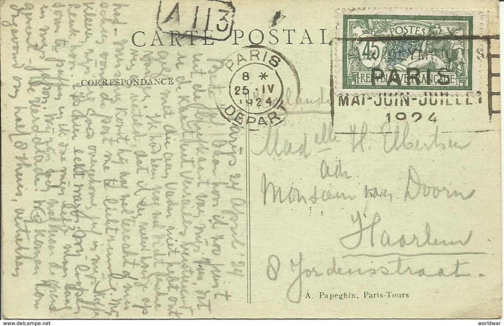 1924  Merson 45c Seul Sur Carte De Paris Vers Haarlem, Pays-Bas - 1900-27 Merson