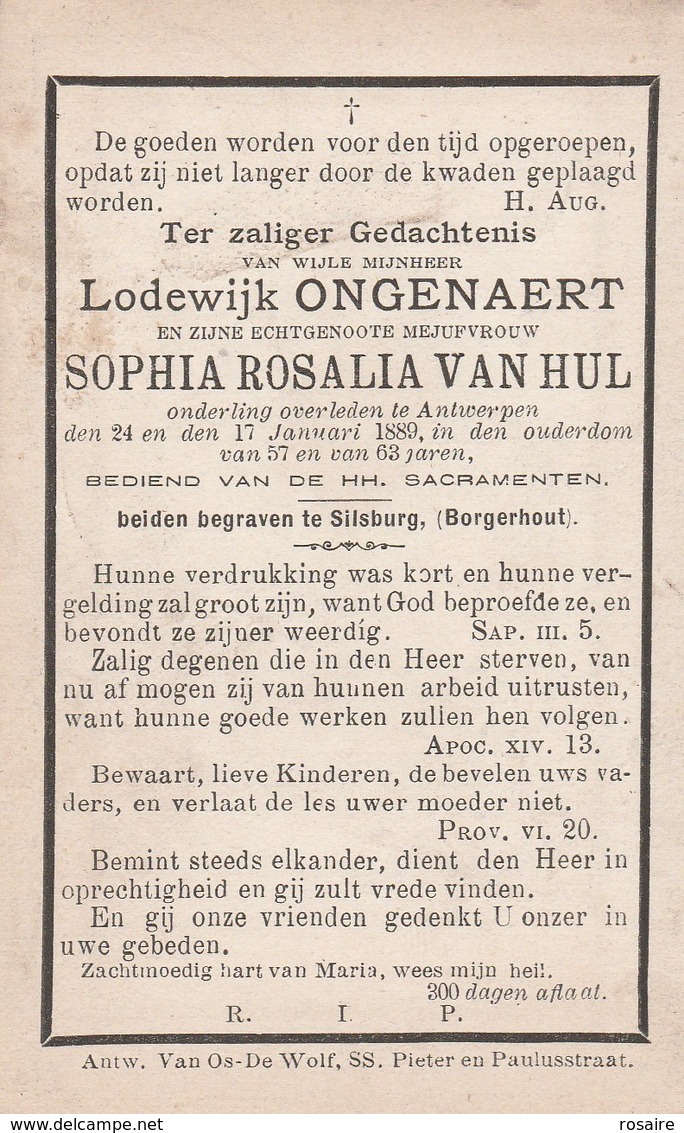 Dp Lodewijk Ongenaert En Sophia Rosalia Van Hul-1889-antwerpen-silsburg Begraven - Devotion Images