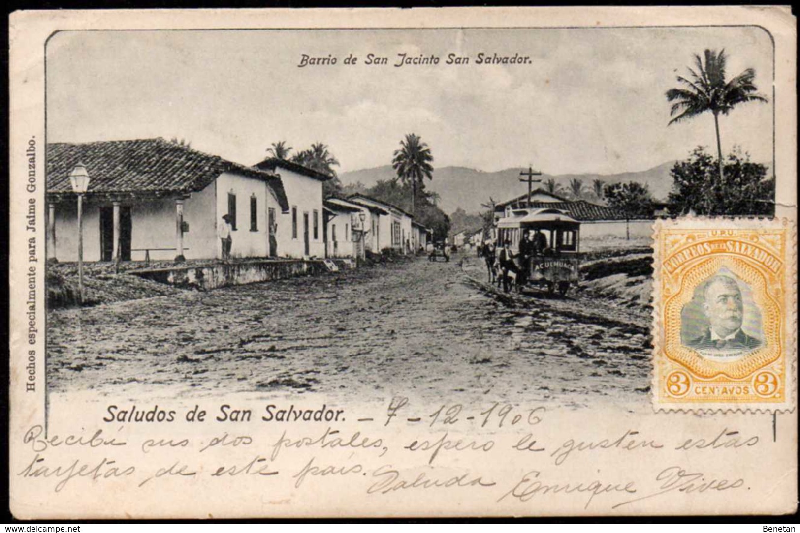 El Salvador Horse Tramways On Barrio San Jacinto, San Salvador Postcard 1906 - El Salvador