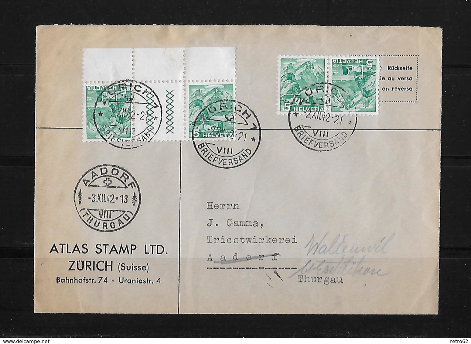 KEHRDRUCKE → Brief Zürich Atlas Stamp LTD. Nach Aadorf 1942 - Tête-bêche