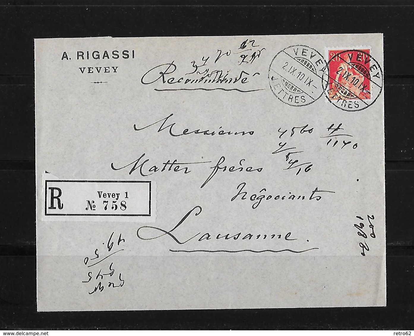 HEIMAT WAADT → R-Brief A.Rigassi Vevey Nach Lausanne 1910 - Lettres & Documents