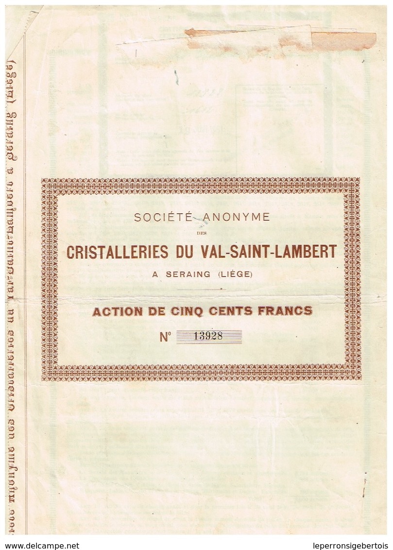 Action Ancienne - Société Anonyme Des Cristalleries Du Val Saint-Lambert - Titre De 1920 - Industrie