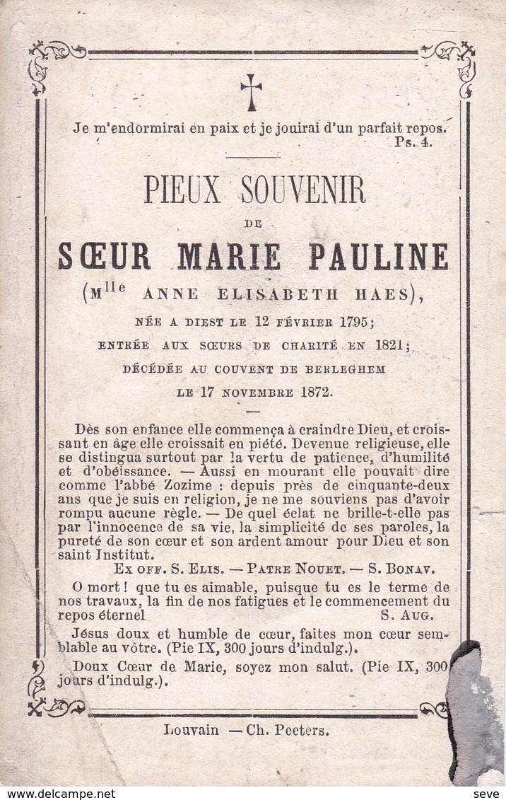 DIEST BERLEGEM Soeur De Charité  Marie Pauline Née Anne Elisabeth HAES 1795-1872 Dp Doodsprentje Zuster - Obituary Notices