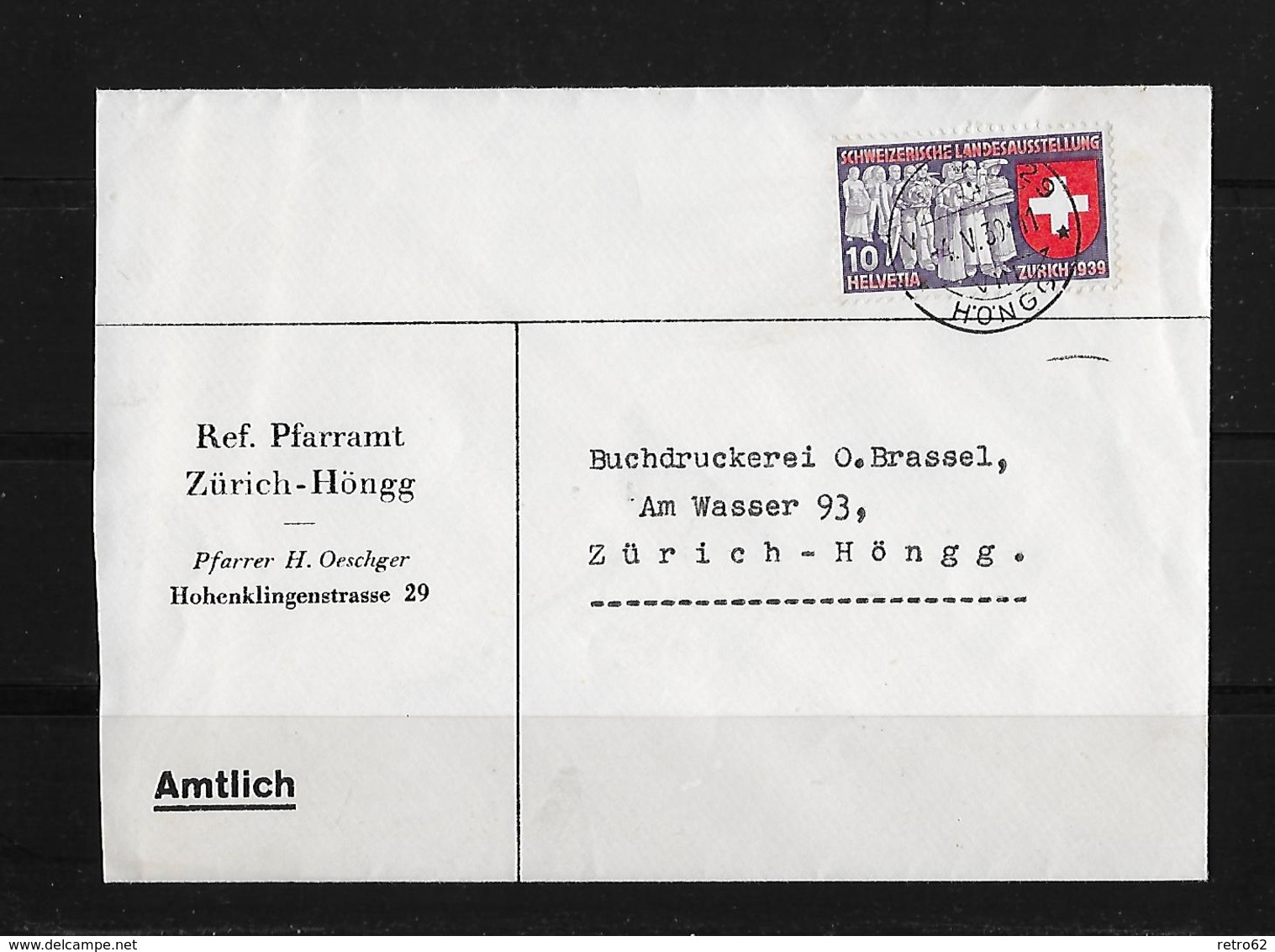 HEIMAT ZÜRICH → Brief Ref. Pfarramt  Zürich-Höngg 1939 - Lettres & Documents