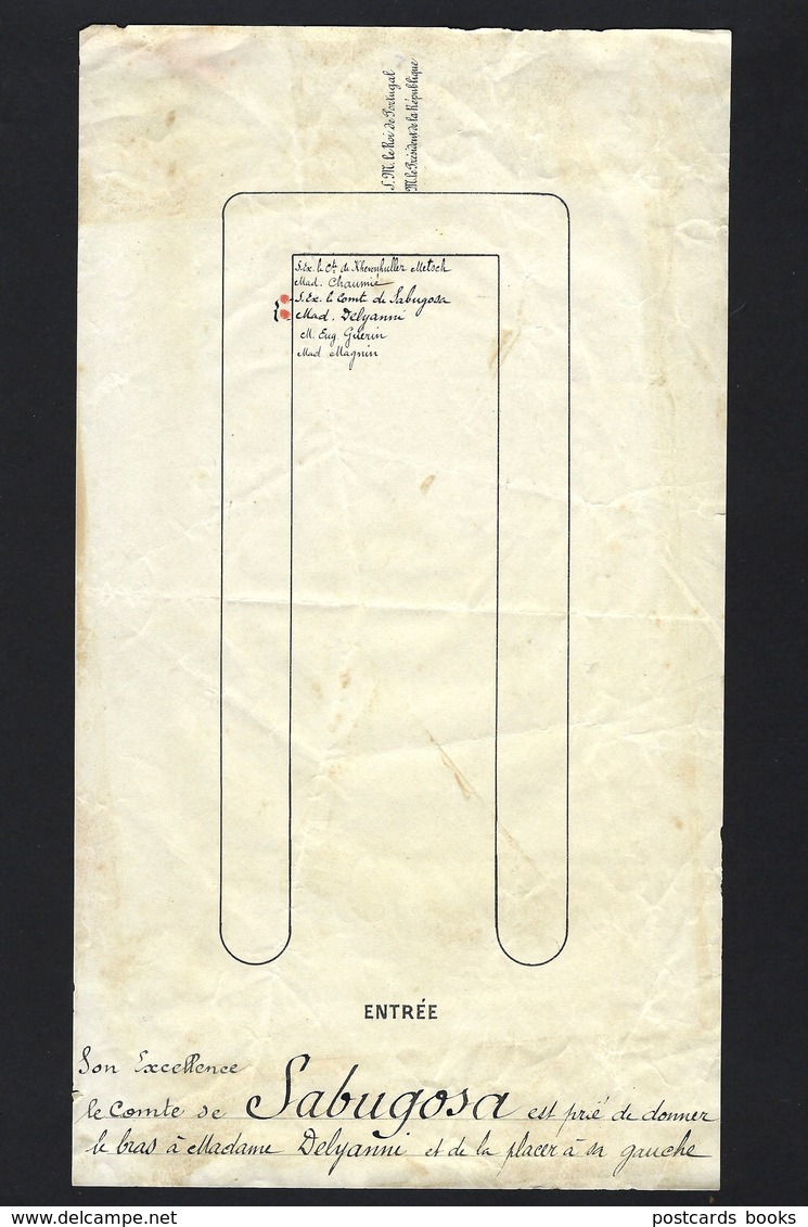 1905 Folha De Protocolo Com Lugar Do CONDE De SABUGOSA Jantar Gala Do Presidente França EMILE LOUBET / Palais L'Elysée - Programmes