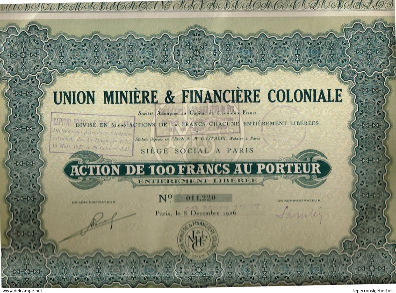 Titre Ancien - Union Minière & Financière Coloniale Société Anonyme - Titre De 1927 - Industrie