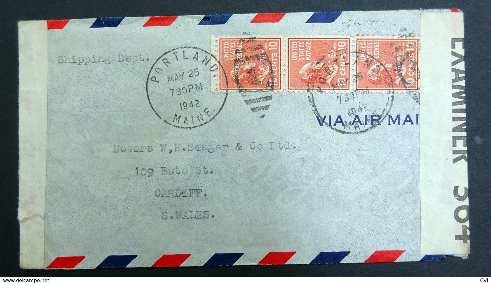 USA 1942 Censored Airmail Cover, Opened By Examiner 364, Portland Maine Duplex Cancels To Cardiff Wales UK. - Lettres & Documents