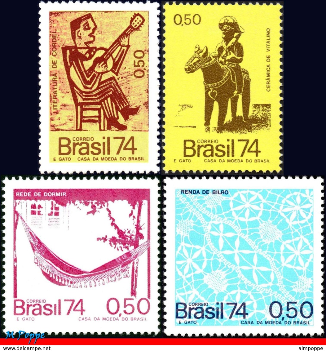 Ref. BR-1362-65 BRAZIL 1974 FOLKLORE, FOLK CULTURE, HANDICRAFT,, CERAMIC, HORSE,MUSIC,MI# 1454-57,MNH 4V Sc# 1362-1365 - Neufs