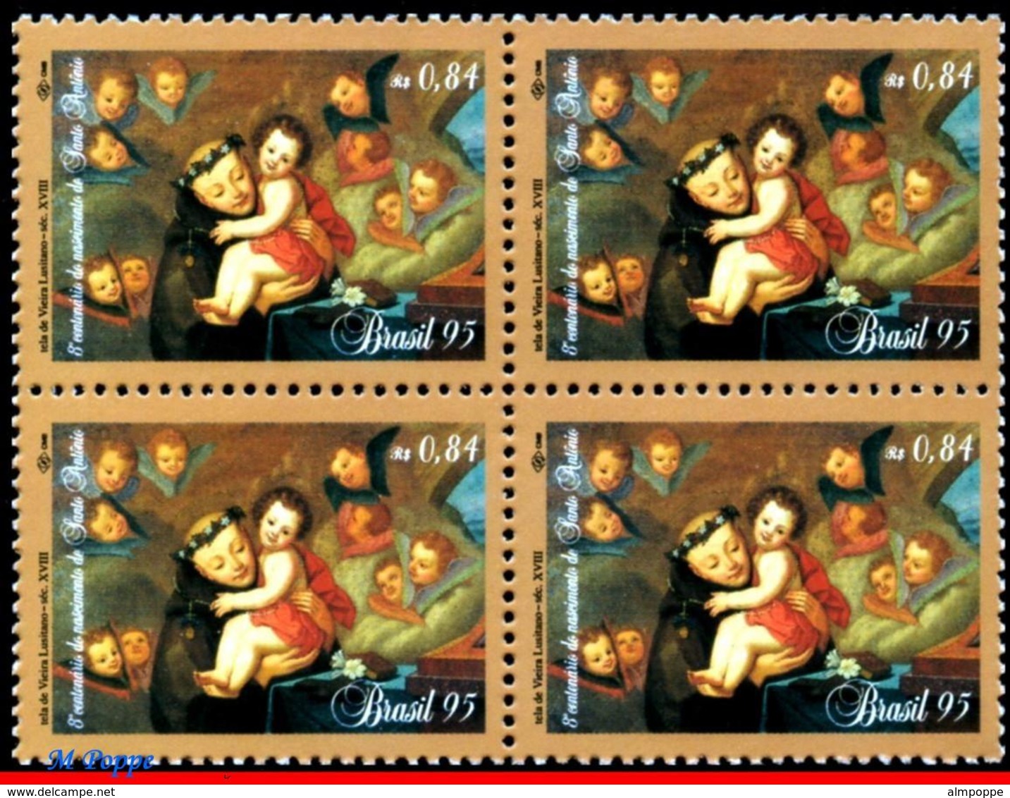 Ref. BR-2539-Q BRAZIL 1995 - WITH PORTUGAL, ST.ANTHONY, OF PADUA, PAINTING, MI# 2648, BLOCK MNH, JOINT ISSUE 4V Sc# 2539 - Gemeinschaftsausgaben