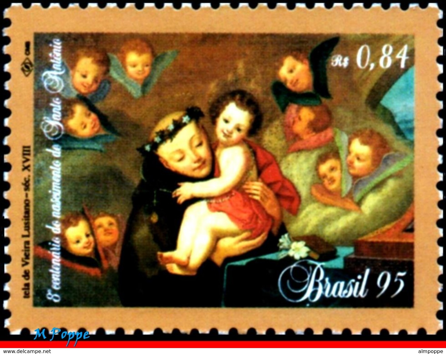 Ref. BR-2539-Q BRAZIL 1995 - WITH PORTUGAL, ST.ANTHONY, OF PADUA, PAINTING, MI# 2648, BLOCK MNH, JOINT ISSUE 4V Sc# 2539 - Emissions Communes