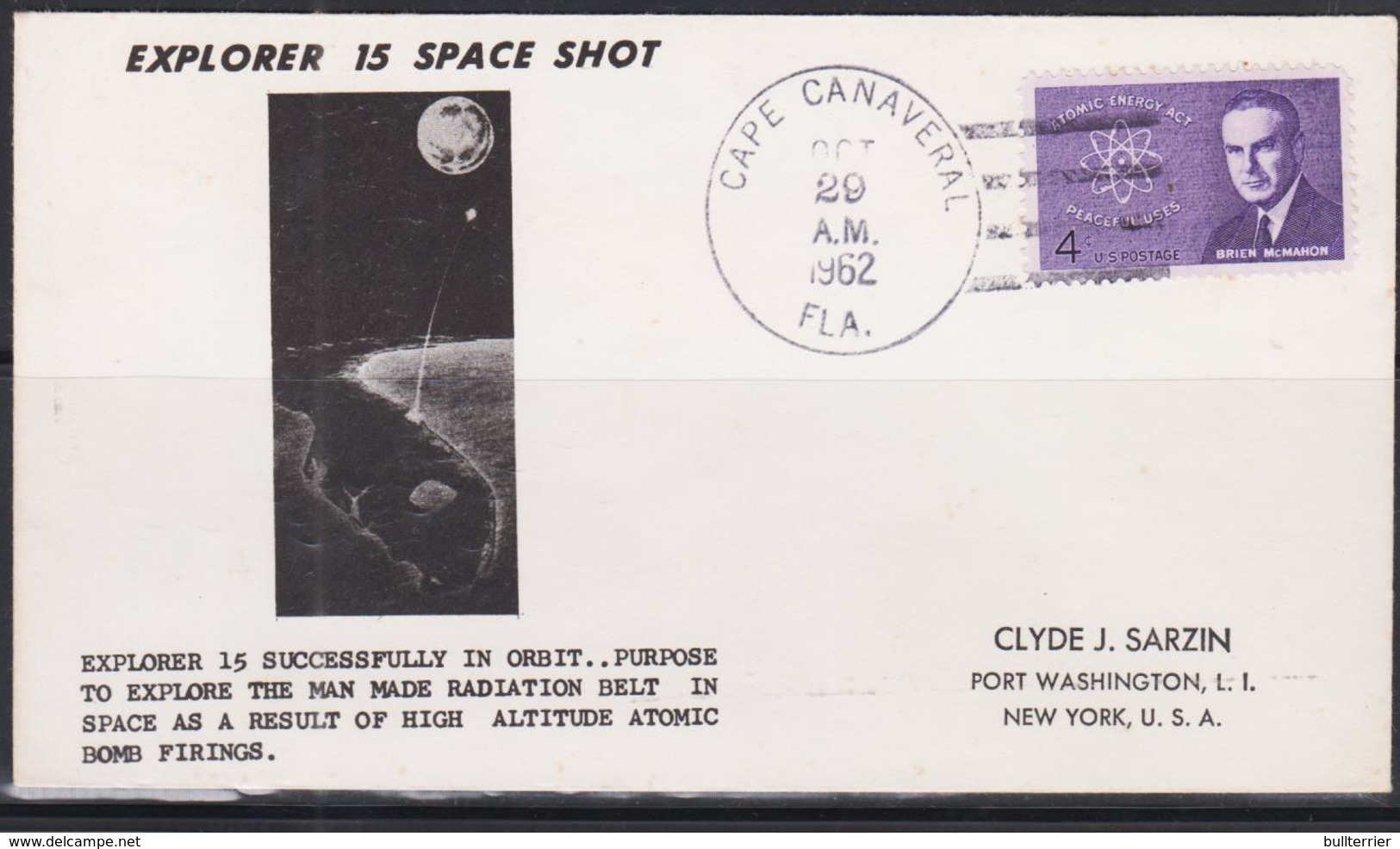 SPACE  - USA-  1962 -EXPLORER  15   ILLUSTRATED   COVER WITH  LARGE CAPE CANAVERAL  OCT 29 1962  POSTMARK - United States