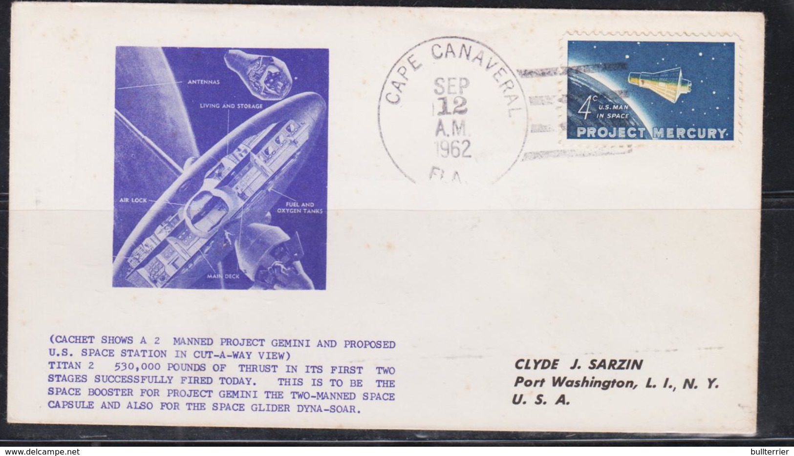 SPACE  - USA-  1962 - A2 GEMINI  ILLUSTRATED   COVER WITH  LARGE CAPE CANAVERAL  SEP 12 1962  POSTMARK - Etats-Unis