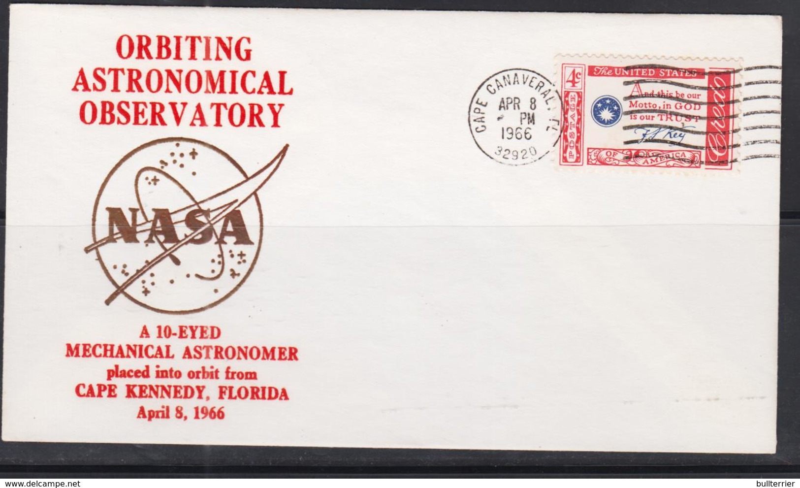 SPACE  - USA-  1966 -ORBITING ASTRO OBSERVATORY  ILLUSTRATED  COVER WITH CAPE CANAVERAL  APR 8  POSTMARK - United States