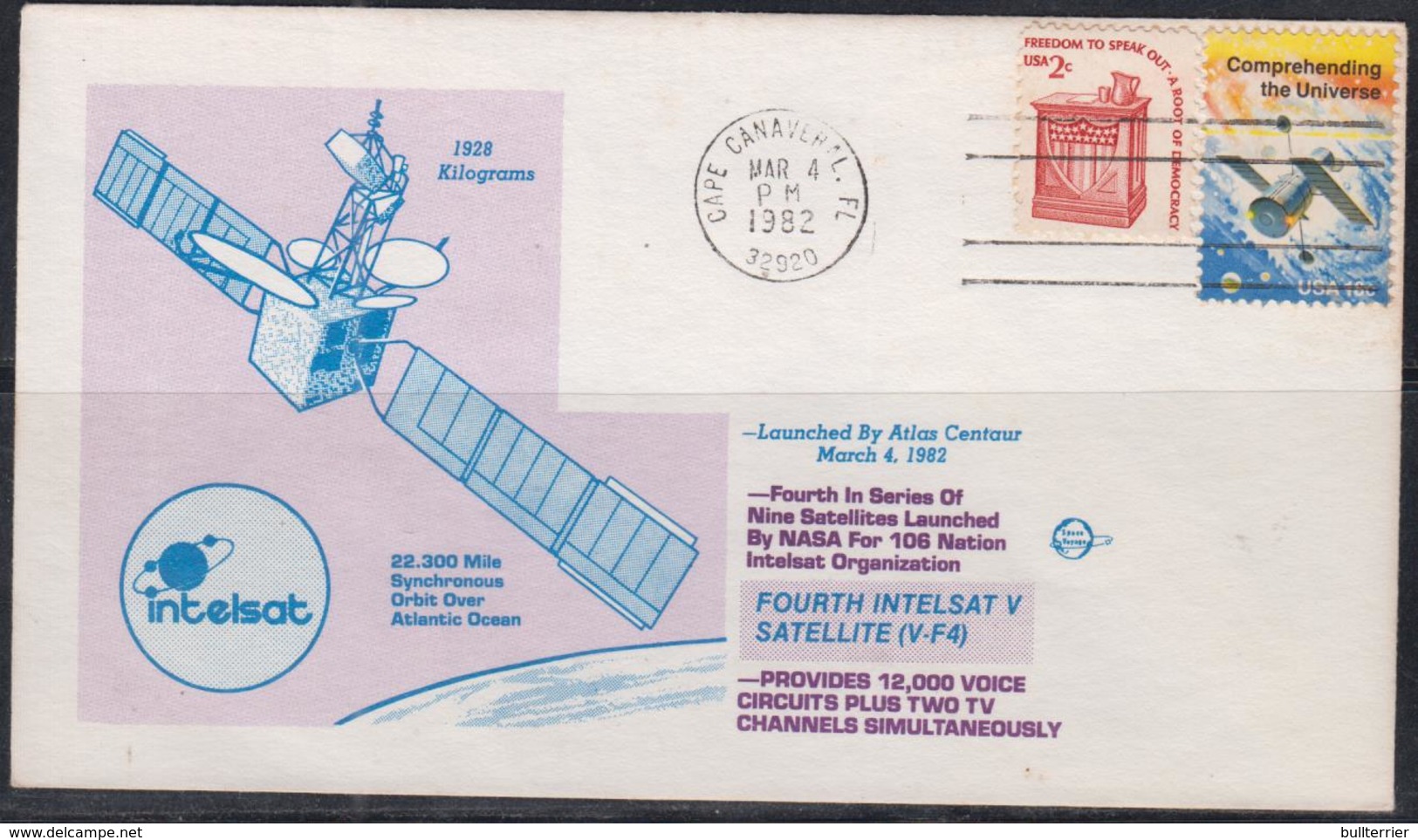 SPACE  - USA-  1982 - INTELSAT  V ILLUSTRATED   COVER  WITH CAPE CANAVERAL  MAR 4 1982   POSTMARK - United States