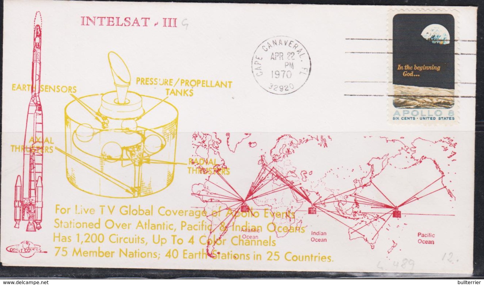 SPACE  - USA-  1970 - INTELSAT III  SATELLITE ILLUSTRATED  COVER WITH CAPE CANAVERAL APR 22 POSTMARK - United States