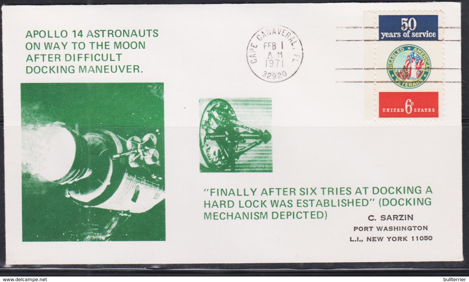 SPACE  - USA-  1971-  APOLLO 14 DOCKING MANEUVER   ILLUSTRATED  COVER WITH CAPE CANAVERAL  FEB 1 1971  POSTMARK - United States