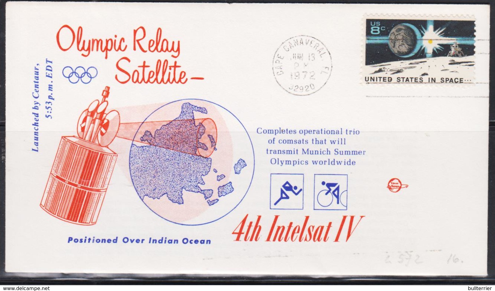 SPACE  - USA-  1972 - OLYMPICS TV  SATELLITTE   ILLUSTRATED  COVER WITH CAPE CANAVERAL  JUN 13  1972  POSTMARK - United States