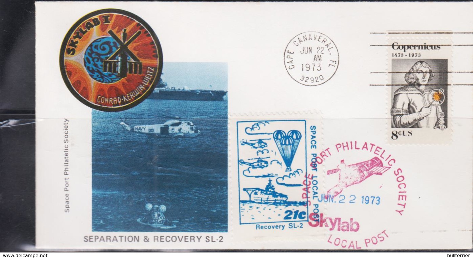 SPACE  - USA-  1973-  SKYLAB 1 SEPARATION RECOVERY  ILLUSTRATED  COVER WITH CAPE CANAVERAL  JUN 22 1973  POSTMARK - United States