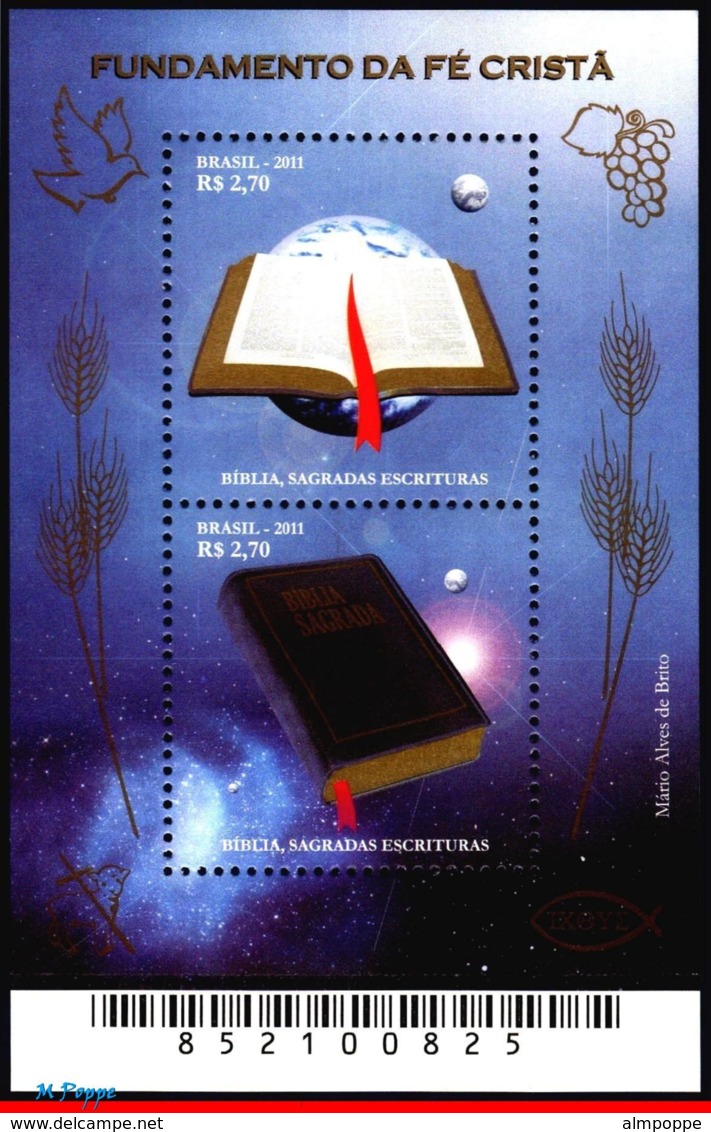 Ref. BR-3194 BRAZIL 2011 CHRISTMAS, RELIGION, BOOK, BIBLE,, SOUVENIR SHEET MNH 2V Sc# 3194 - Blocs-feuillets